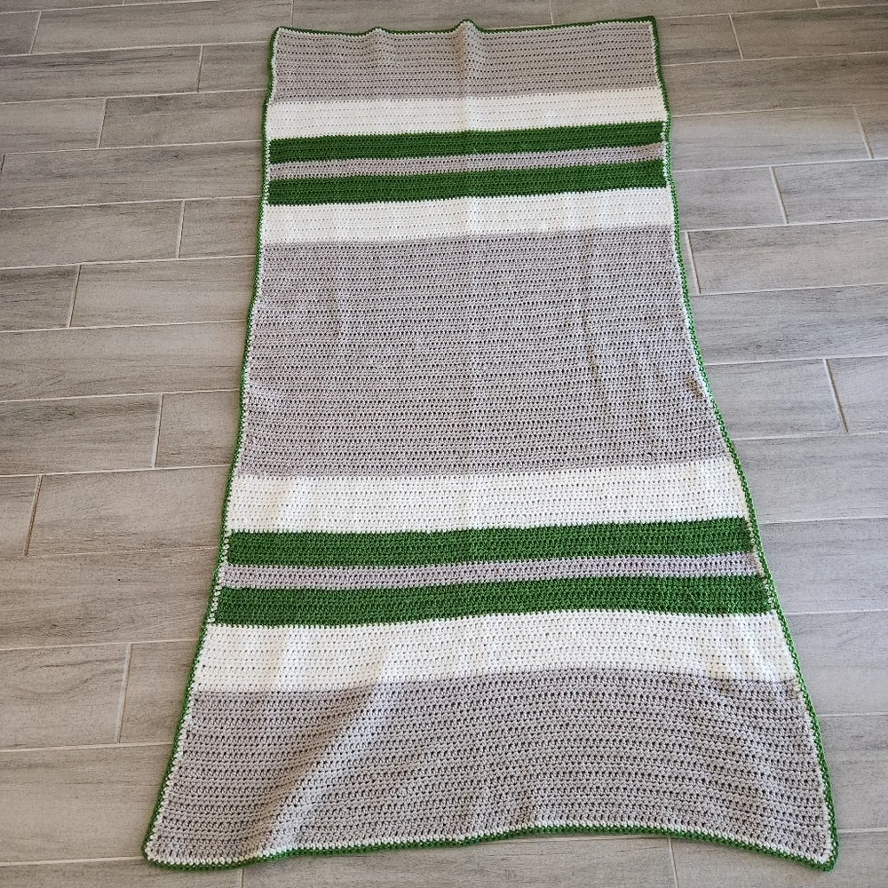 Hand knit blanket grey green wool blend stripes crochet throw couch runner decor